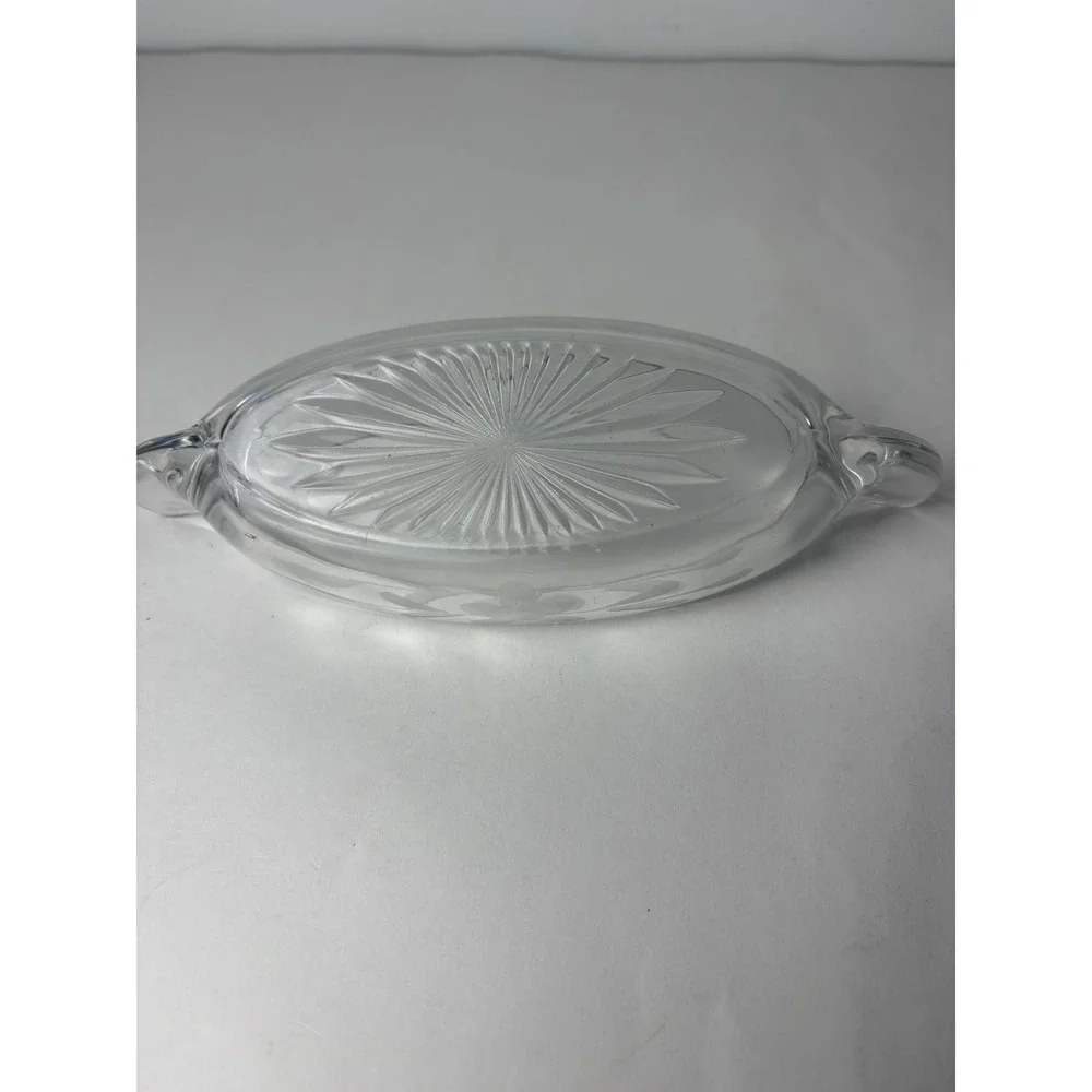 Vintage‎ Clear Etched Star Glass Oval Canoe Boat Dish w Handles Floral Design